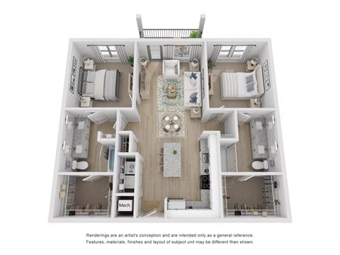 Floor plan for 2 beds, 2 baths, 1152 sqft
